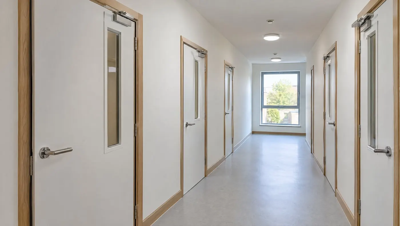 Corridor in a refurbished apartment block lined with white timber fire doorsets with vision panels and closers